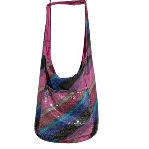 Disco 80s Y2K Glitter BONGO Bling Striped Boho Bohemian Hobo Bag Pink Multicolor